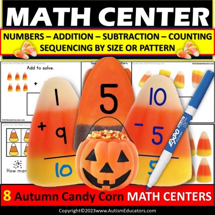Candy Corn Fall Math Center Activities for K-1 to Count Add Subtract Sequence
